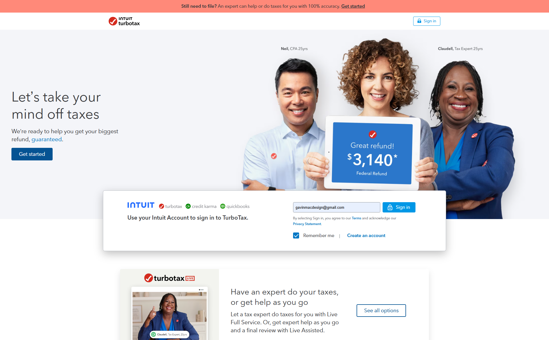 Screenshot of TurboTax Website